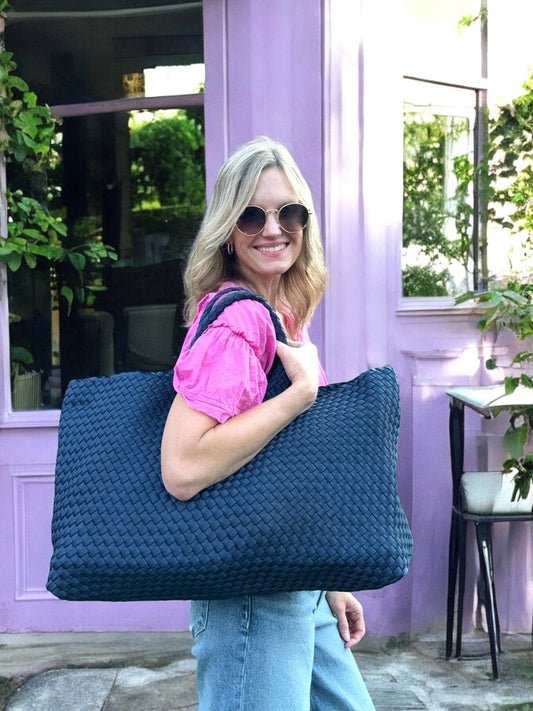 Mahjong Bag - Woven Carryall with Matching Tile Pouch: Navy