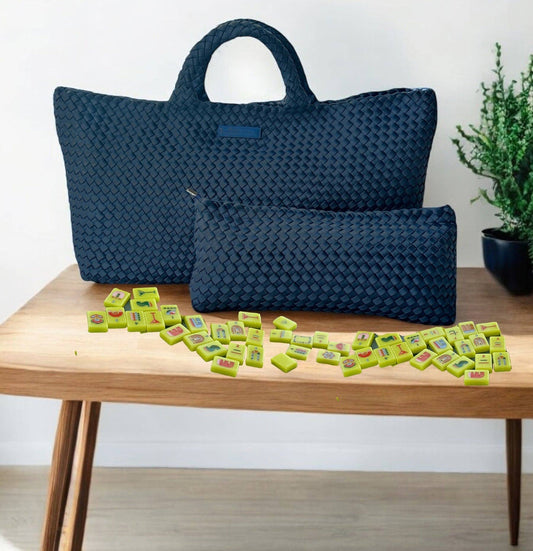 Mahjong Bag - Woven Carryall with Matching Tile Pouch: Navy